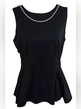 Sleeveless Black Peplum Top with Silver Decorative Necklace L